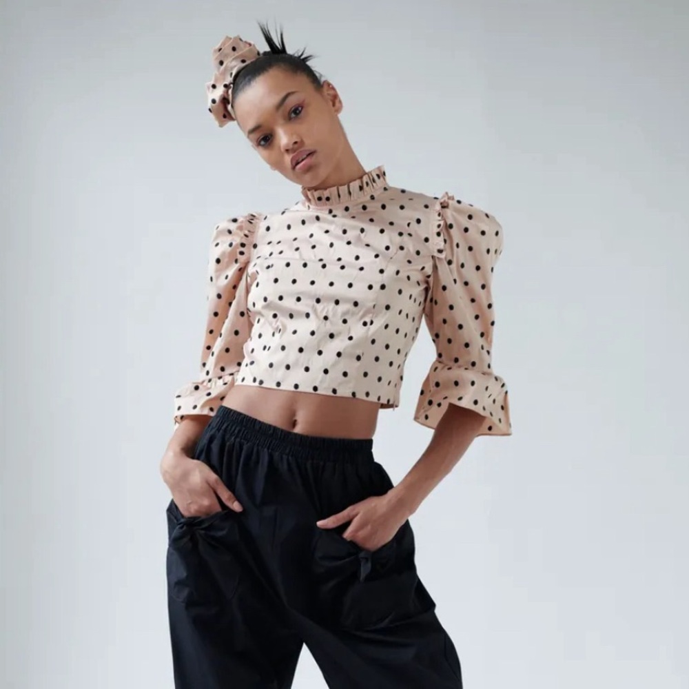 Batsheva - Champagne Blush Silk Ruffle Polka Dot Crop Top Blouse - Size M